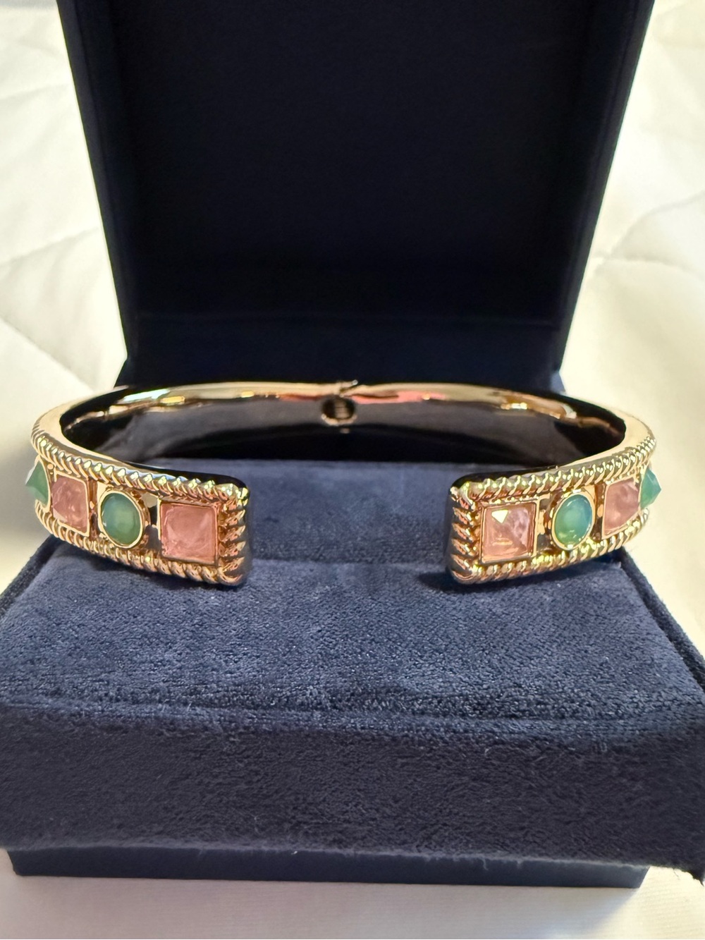 Gold Plated Open Cuff Hinge Bracelet with Pink and Teal Green Gem Accents